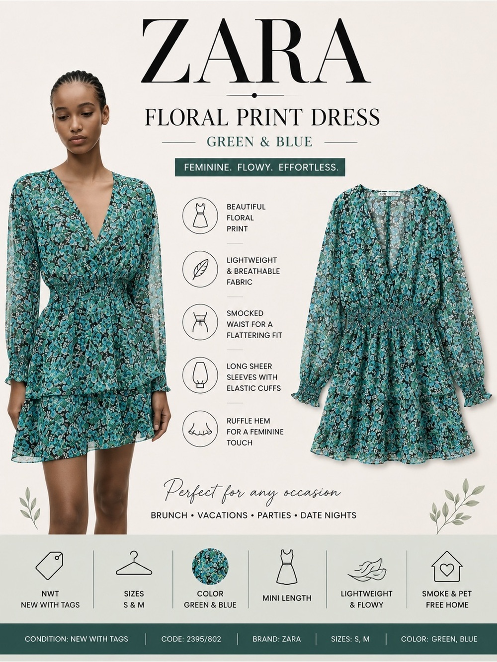 ZARA Green Blue Floral Print Ruffle Mini Dress NWT | Sizes S & M